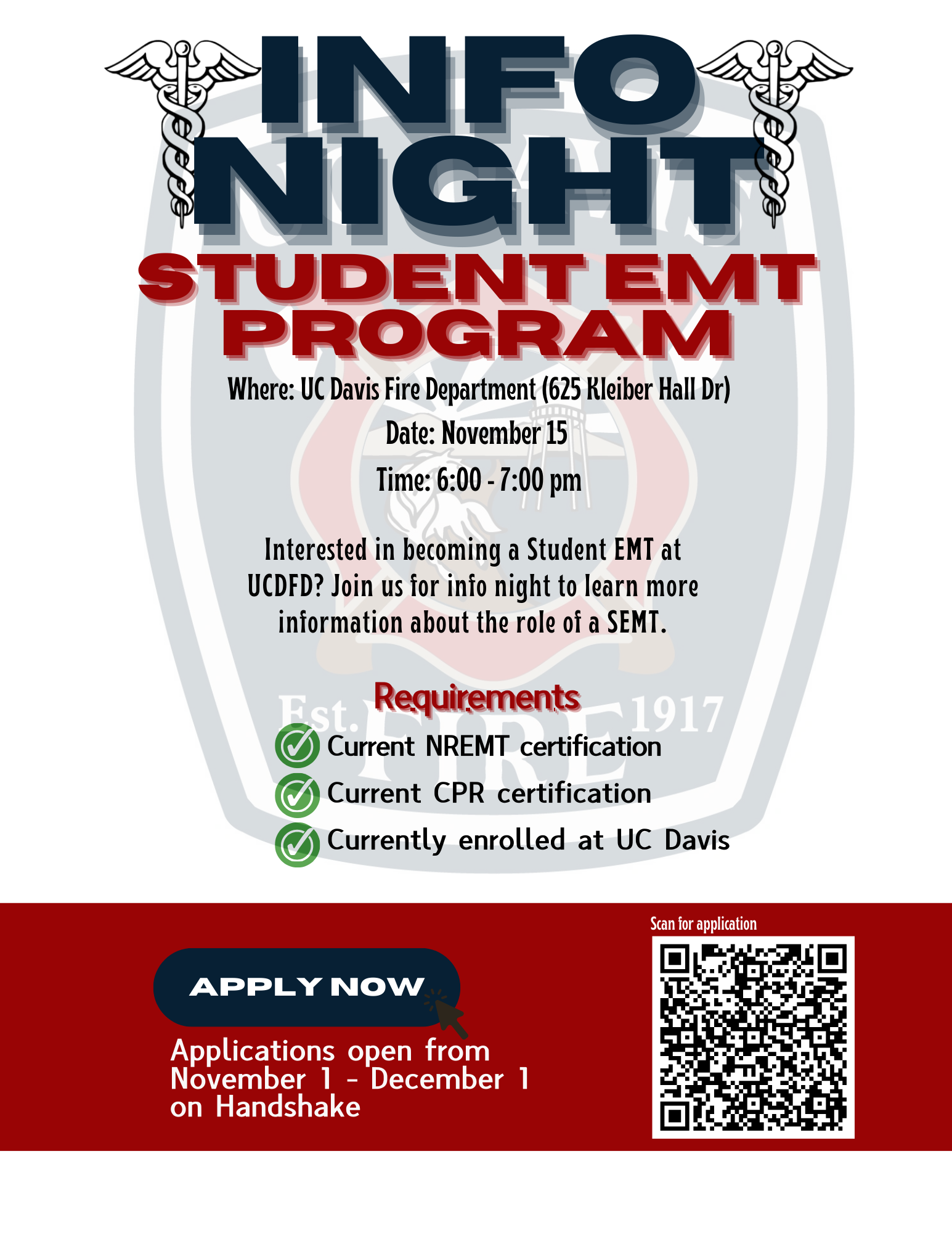 Flier inviting students to an info night for the student EMT program on November 15 at 625 Kleiber Hall Drive, the campus fire station location.