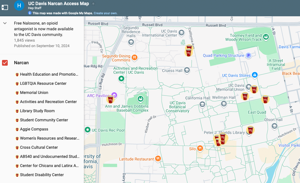 UC Davis Narcan Access Map shows where to get free naloxone on campus, including Health Education and Promotion, LGBTQIA Resource Center, Memorial Union, ARC, Library Study Room, Student Community Center, Aggie Compass, and more. 