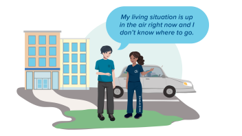 Health 34 with speech bubble that reads "My living situation is up in the air right now and I don't know where to go."