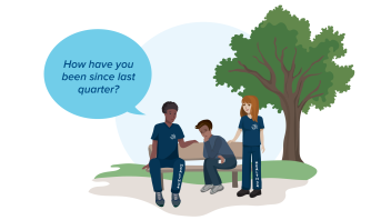 Health 34 assisting someone. A speech bubble reads "How have you been since last quarter?"