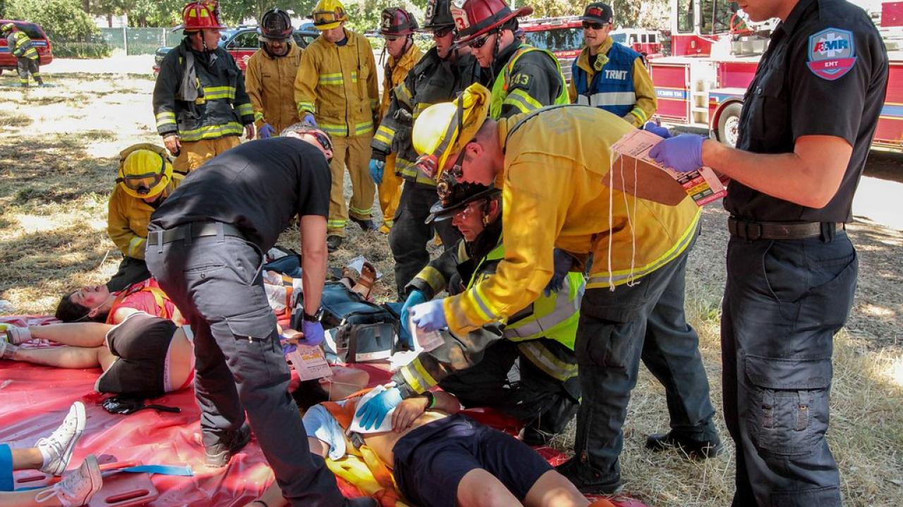 Firefighters from across Yolo County practice triaging patients based on severity of their injuries. WVRFTC MCI Drill at UC Davis