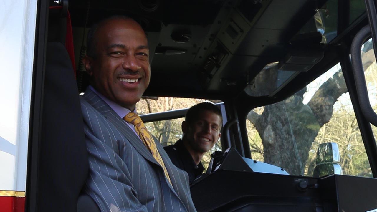 Chancellor May takes the "Captain's Seat" aboard the new UC Davis Fire Engine 34. Driven by Fire Engineer Kyle Dubs, the Chancellor's ride in the fire truck "fulfilled a childhood dream". Chancellor May takes the "Captain's Seat" aboard the new UC Davis Fire Engine 34.