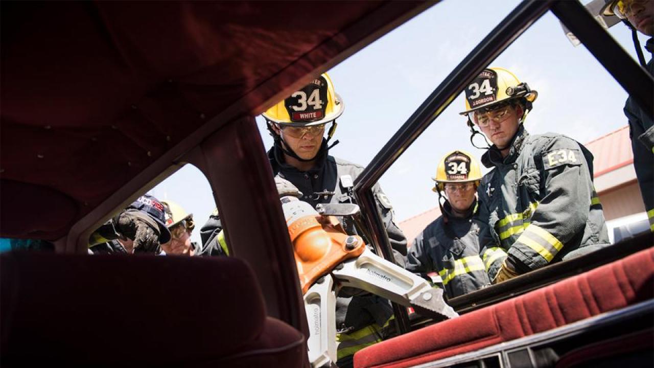 Student firefighter Nick White uses the Jaws of Life while Jack Casarez and Jack Gordon look on. (Karin Higgins/UC Davis) Student firefighter Nick White uses the Jaws of Life while Jack Casarez and Jack Gordon look on. (Karin Higgins/UC Davis)