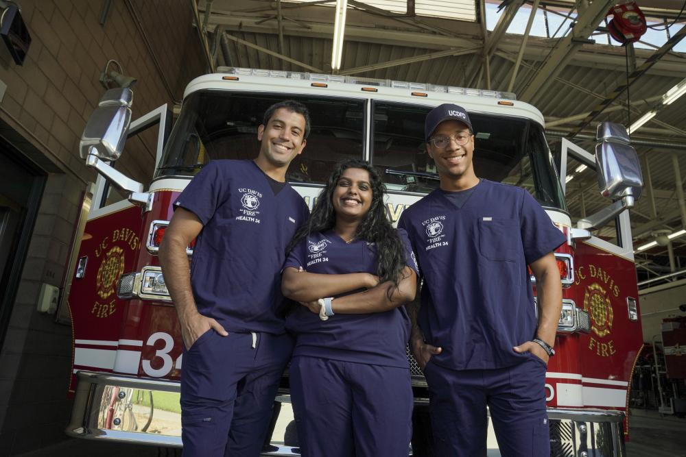 UC Davis undergraduate students working for the campus Fire Department as Student EMTs comprise a portion of the staffing model for Health 34 in addition to Allied Health Paramedics and clinical rotation positions from the UCD Schools of Medicine and Nursing.