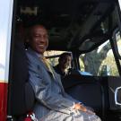 Chancellor May takes the "Captain's Seat" aboard the new UC Davis Fire Engine 34.