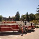 UC Davis Fire Department's ladder truck, in driveway in front of Mrak Hall
