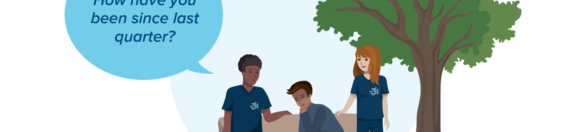 Health 34 assisting someone. A speech bubble reads "How have you been since last quarter?"